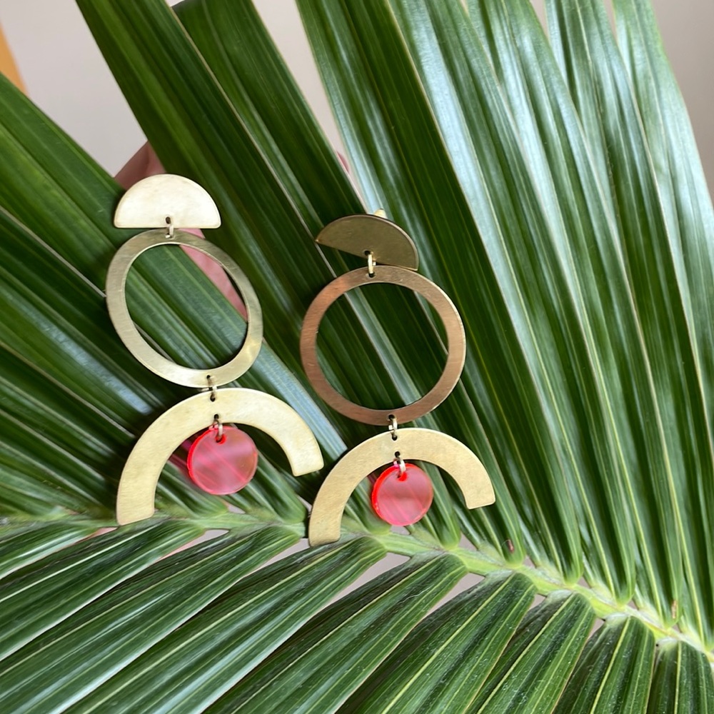 Handmade pink and gold dangly party earrings
